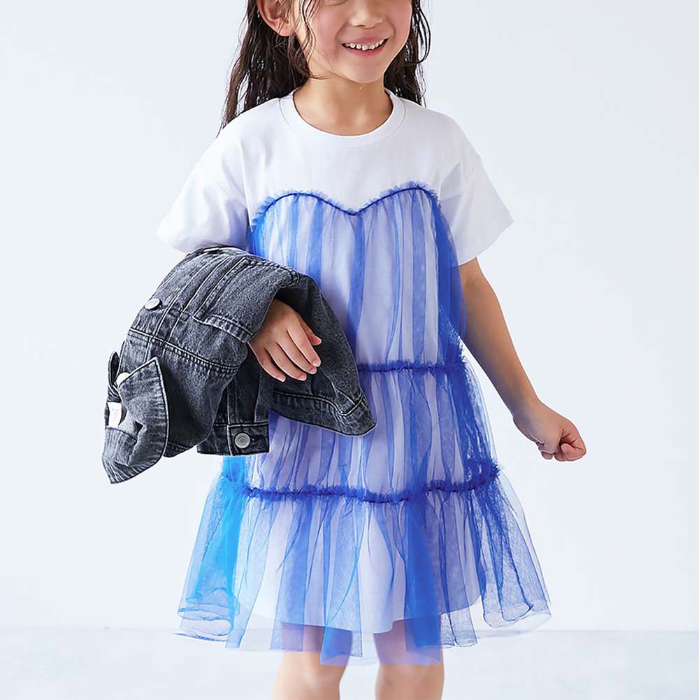 柔軟薄紗拼接甜美短袖洋裝-藍