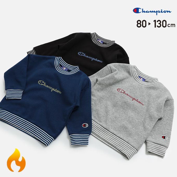 日本 Chil2 - Champion聯名 裏起毛條紋領長袖上衣-黑