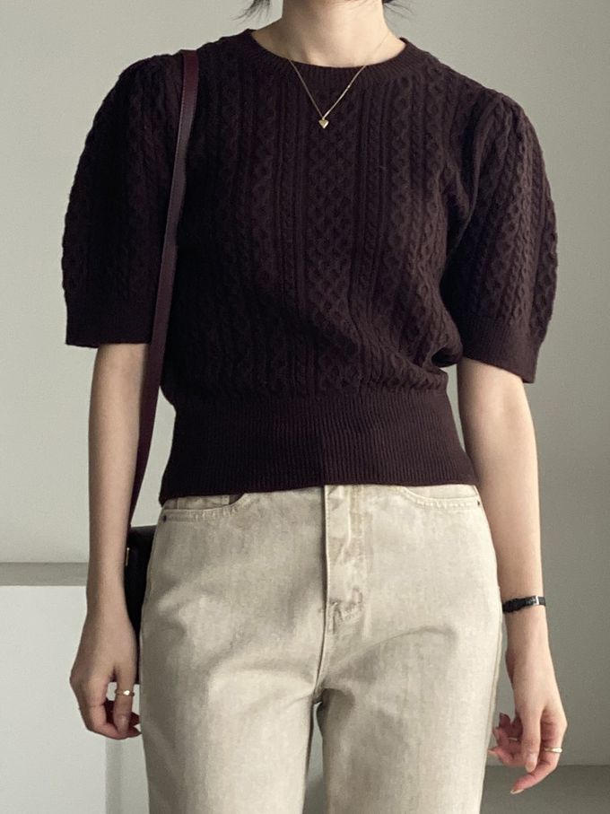 韓國女裝連線 - 麻花辮編織五分袖針織上衣-咖啡紅 (FREE)