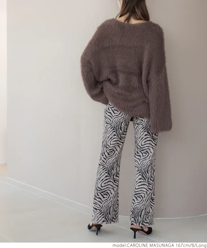 日本 COCA - 時尚彈性細摺垂墜寬褲-斑馬紋