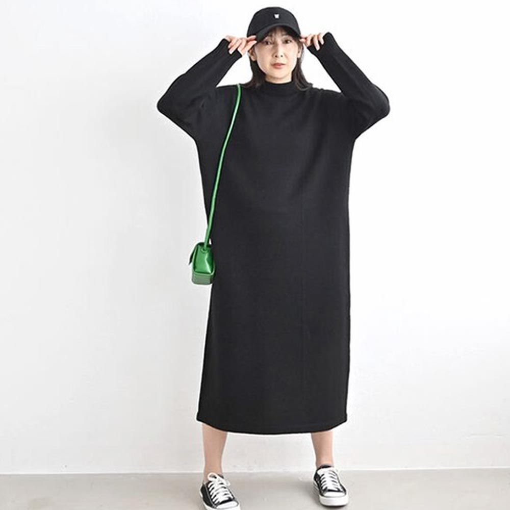 日本 ihuu - 小立領修身顯瘦針織洋裝-黑