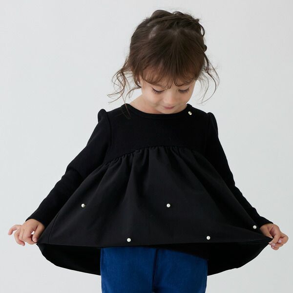 日本 petit main - 珍珠點綴傘狀拼接長袖上衣-淺粉