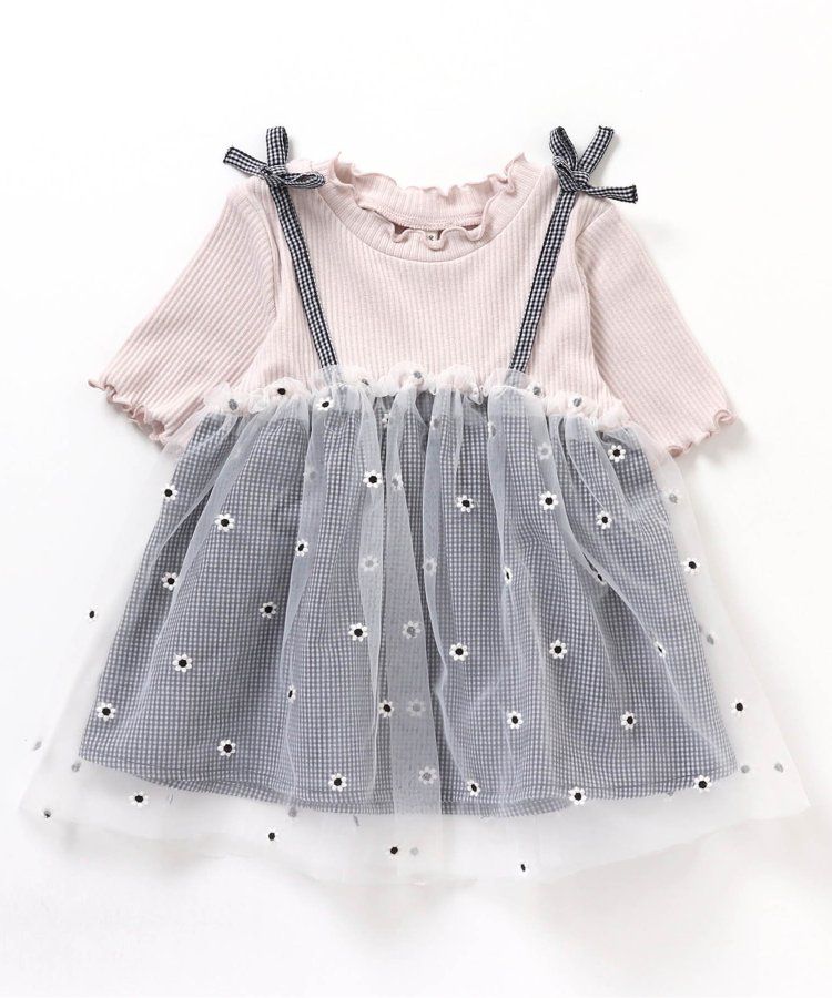 日本 apres les cours - 花朵刺繡拼接夢幻短袖上衣-卡其x粉紅