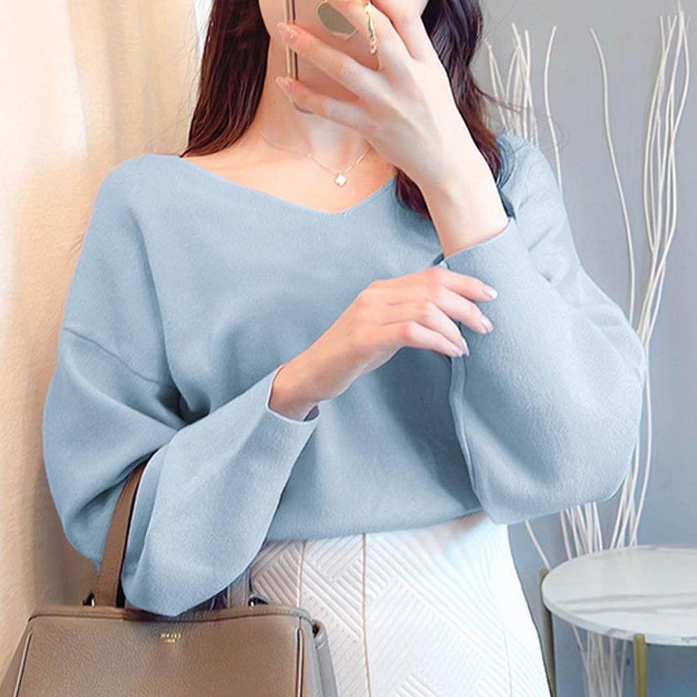 顯瘦V領簡約針織長袖上衣-水藍 (F)