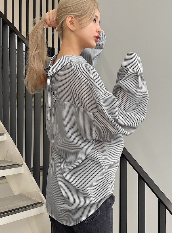 日本 GRL - 可愛後綁帶翻領長袖襯衫-簡約黑 (F)