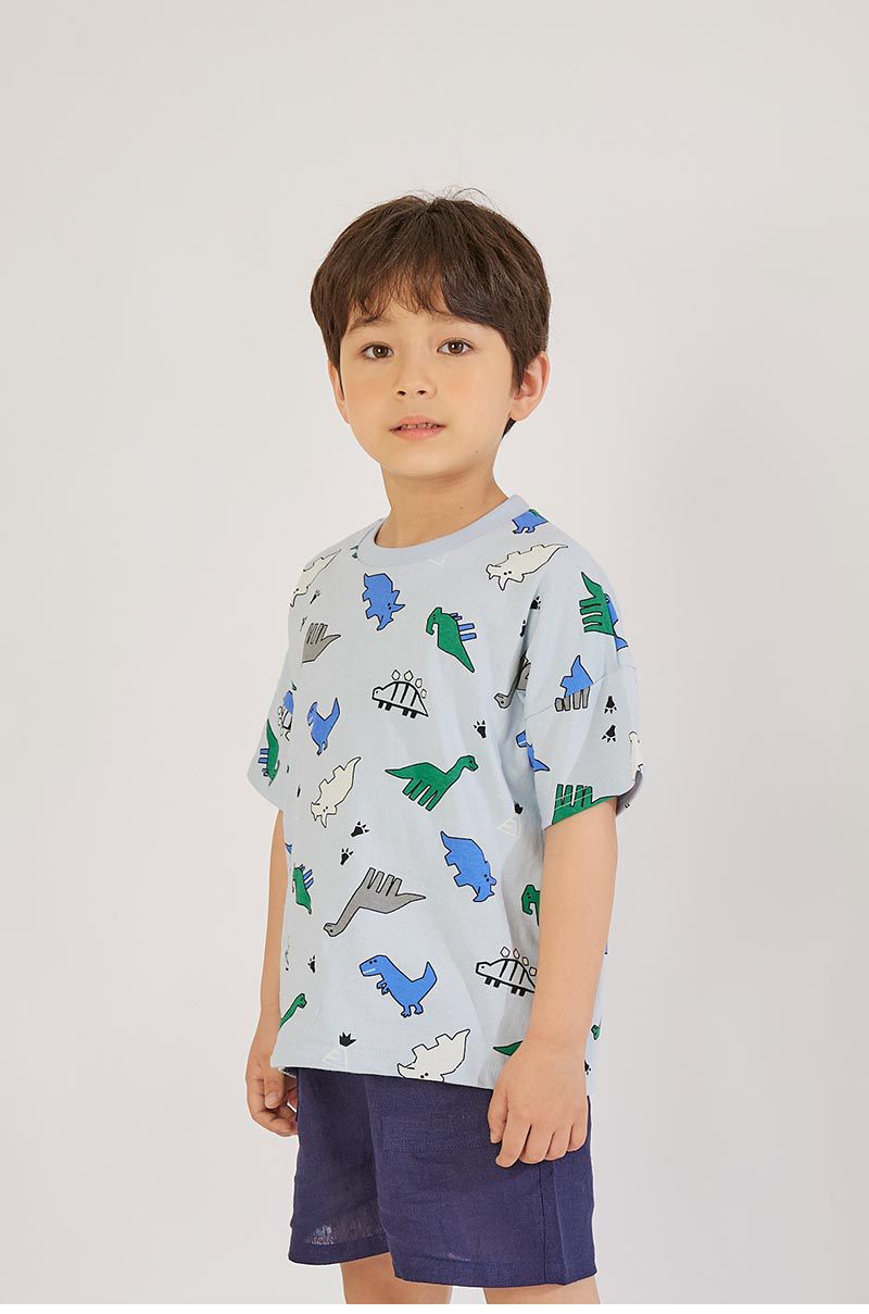 韓國 OZKIZ - 侏羅紀恐龍短袖上衣-天藍