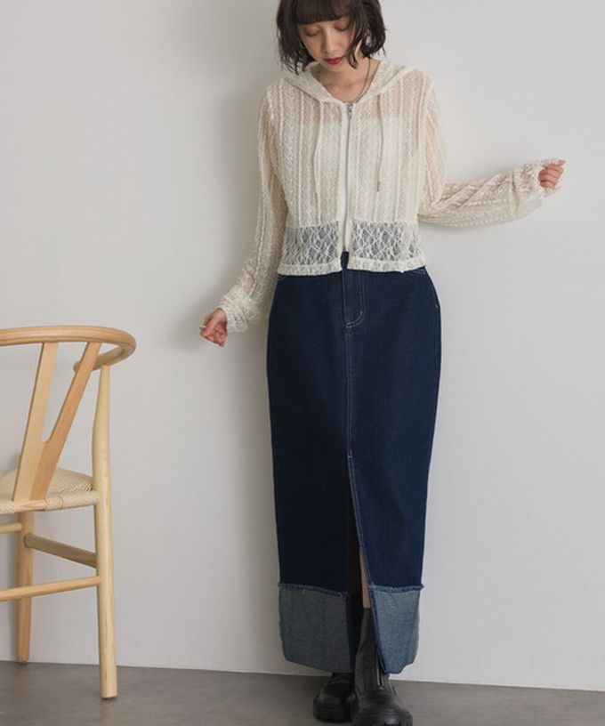 日本 ELENCARE DUE - 10oz抽鬚摺邊俐落前開叉牛仔長裙-黑