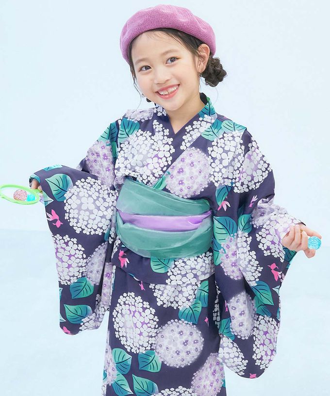 日本 devirock - 2way穿搭浴衣洋裝華麗4件組-粉彩繡球花-藍綠