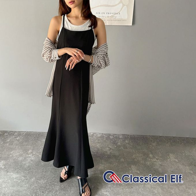 日本 Classical Elf - 亞麻感優雅魚尾細肩帶洋裝-黑