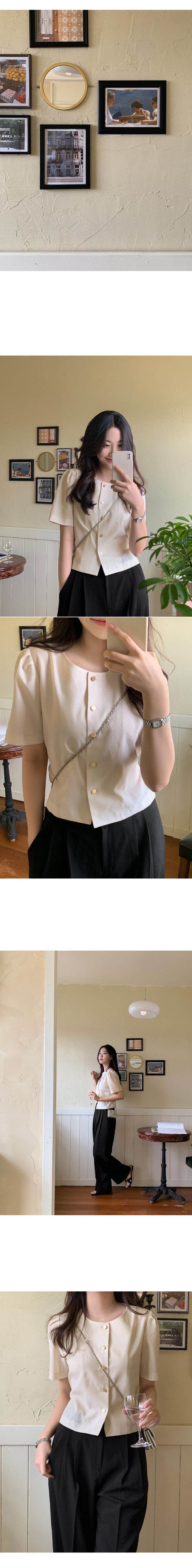 韓國 98doci - 氣質鈕扣公主抓褶袖襯衫-黑