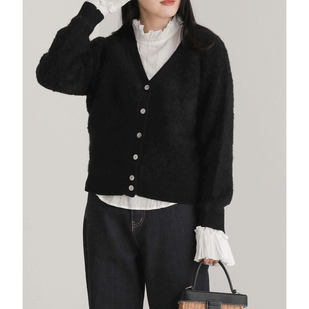 日本 Bou Jeloud - 羊毛混紡優雅保暖V領短版針織外套-黑