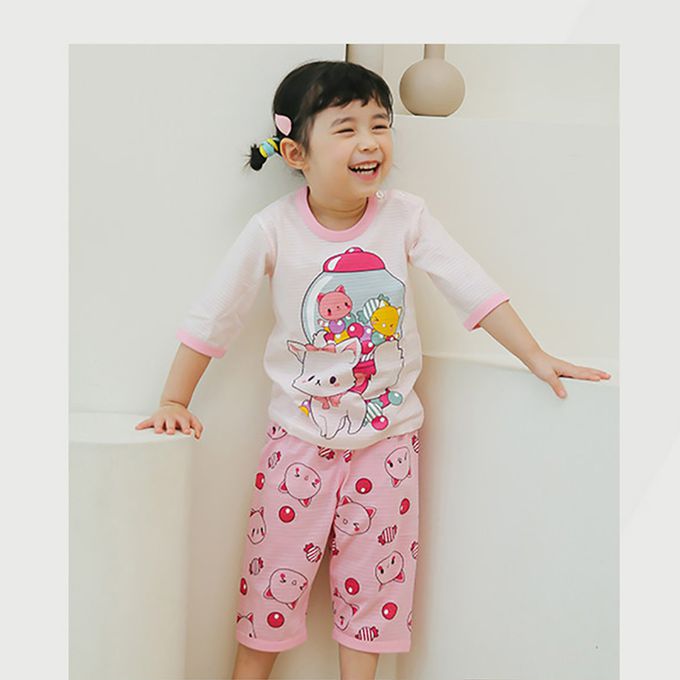 正韓 Puco - 超優質嬰幼兒/兒童七分袖100% 有機純棉家居服/睡衣-泡泡糖貓