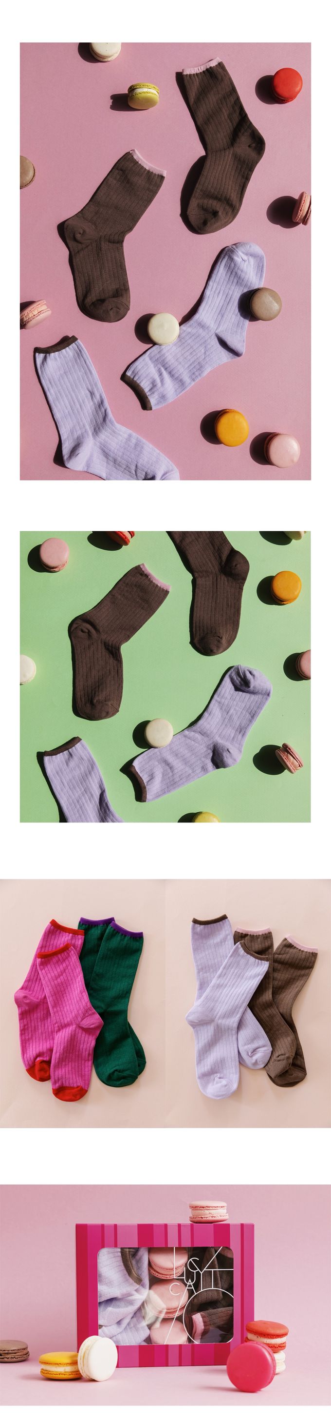 韓國 Daily Like - 女用襪子/中筒襪2入組-淺紫X咖啡02 (220~250mm)