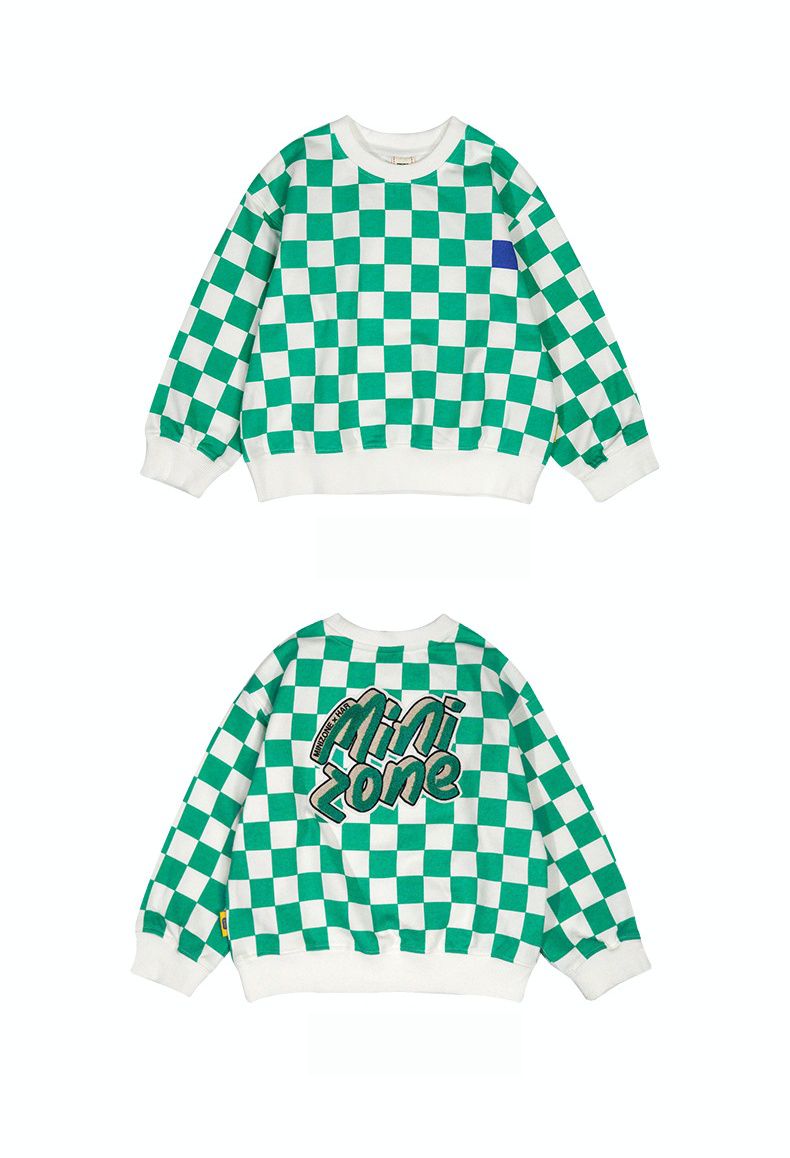 Minizone - 格紋圓領長袖上衣-英文字母-綠+白