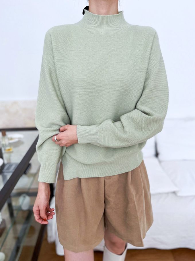 韓國女裝連線 - 斜角側開衩混羊毛針織長袖上衣-可可 (FREE)