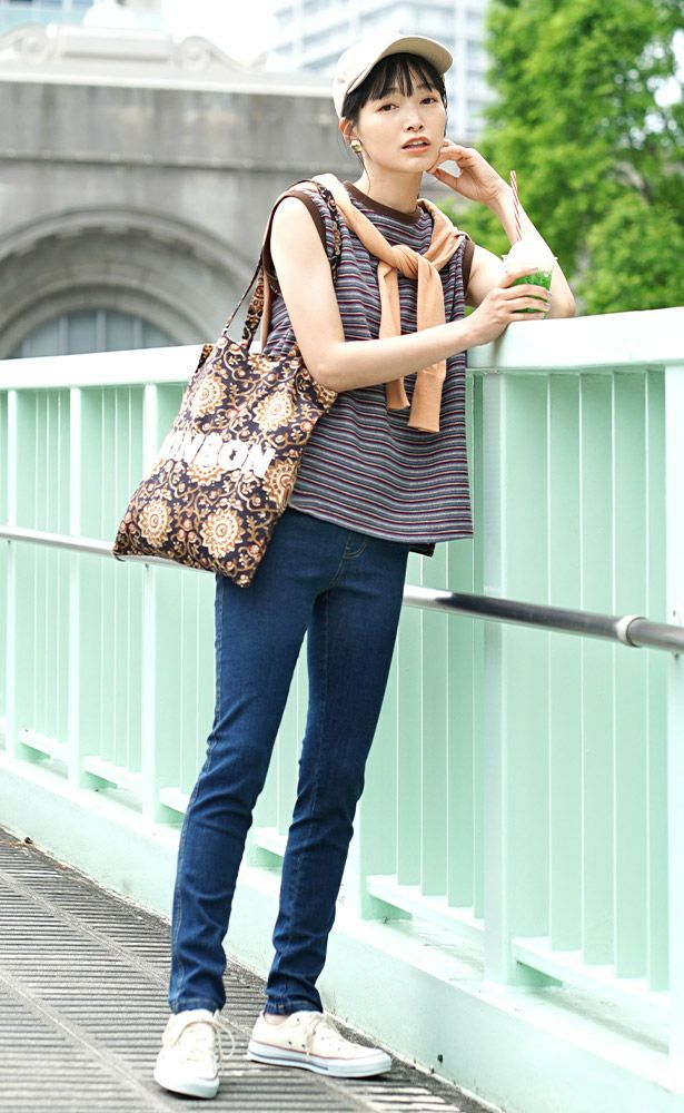 日本 zootie - 圓領修飾簡約編織無袖上衣-條紋-草綠