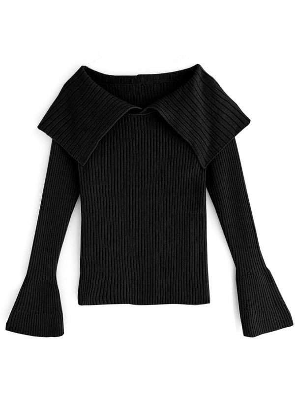 日本 GRL - 大翻領羅紋彈性薄針織上衣-奶茶 (F)