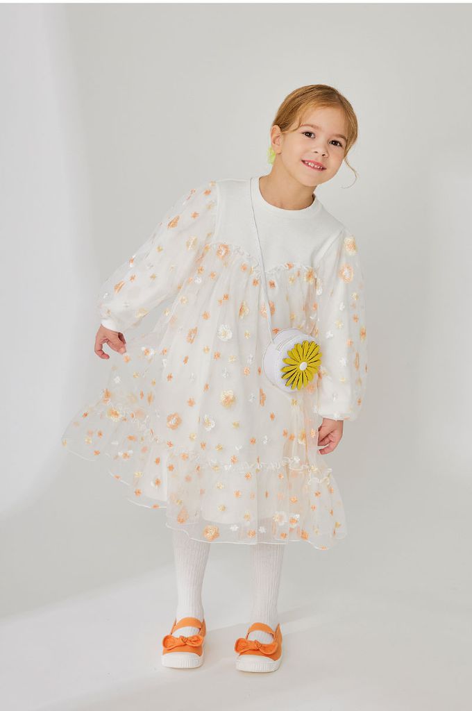 韓國 OZKIZ - (附包包)浪漫花仙子拼接網紗洋裝-白