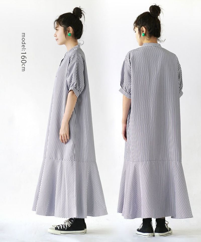 日本 zootie - 文藝感泡泡袖排釦魚尾洋裝-直條紋