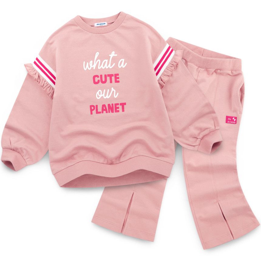 韓國 Jelispoon - 荷葉袖開衩喇叭套裝-粉紅