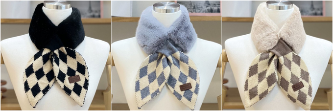 韓國 MAY - 柔軟細絨毛穿洞式圍巾-菱格紋-灰咖