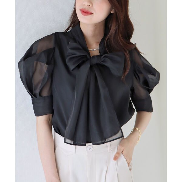 日本 BLUE EAST - 氣質薄紗蝴蝶結泡泡短袖上衣-白