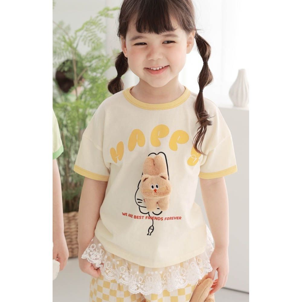 (附貓咪裝飾)貓咪捕魚短袖上衣-淡黃