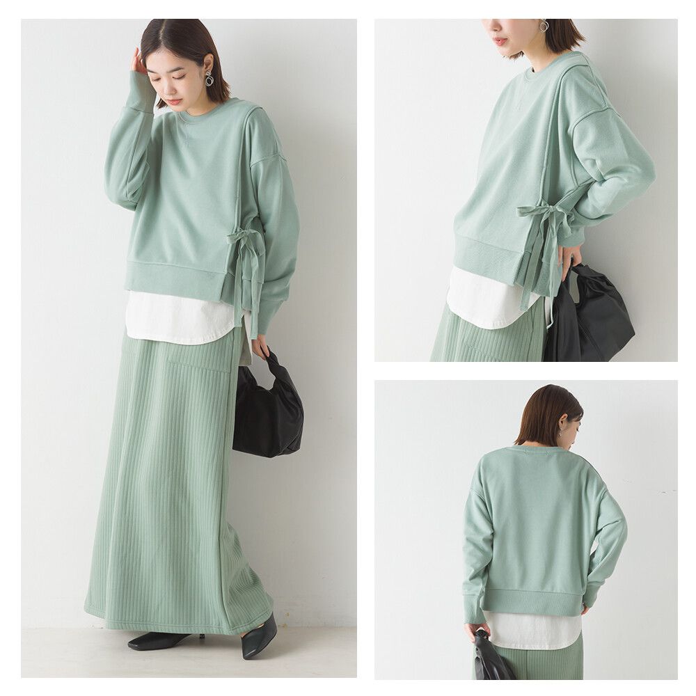 日本 OMNES - 100%棉 側綁帶百搭大學T-黑