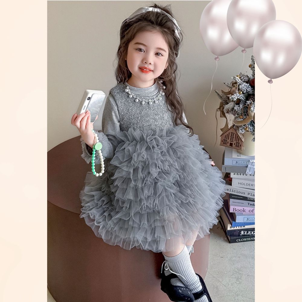 新年拜年Party法式甜美珍珠鑽飾領口網紗蛋糕裙長袖洋裝-摩登灰色