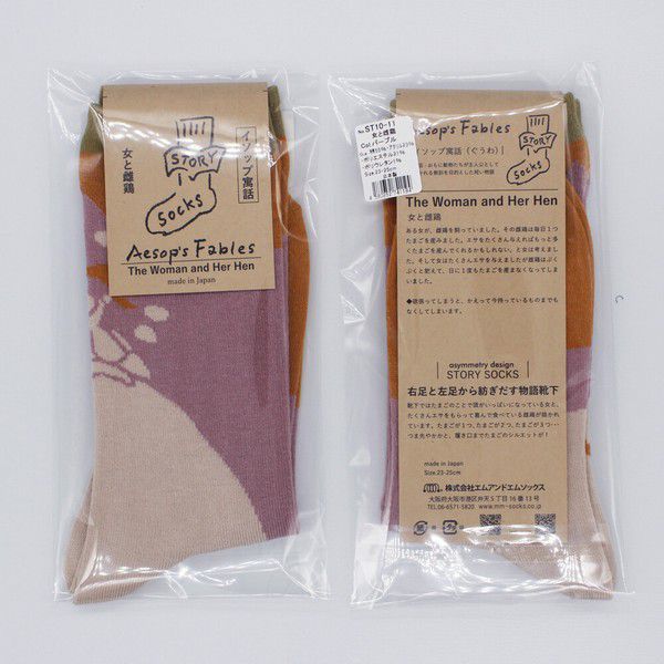 日本女裝代購 - 日本製 伊索寓言印花長襪-寡婦與母雞-粉紫 (23-25cm)
