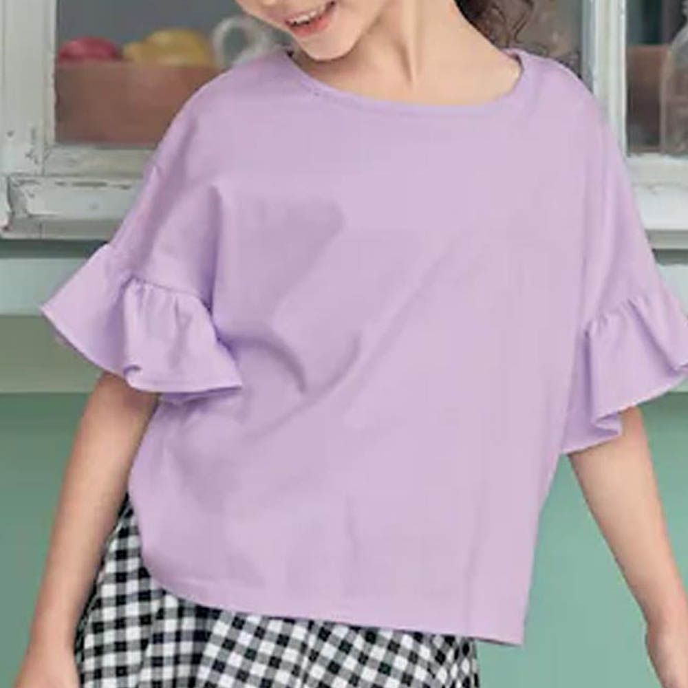 飄逸荷葉邊圓領短袖上衣-薰衣草