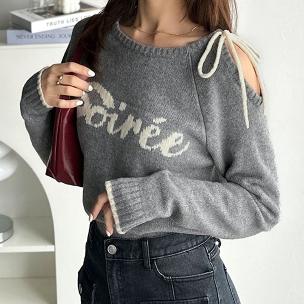 mily bilet 露肩綁帶唯美文字針織上衣-灰