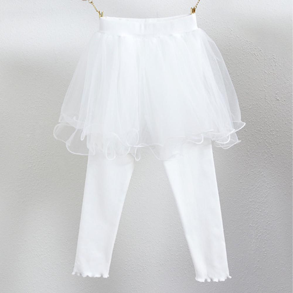 FANMOU - 假兩件捲邊紗褲裙-白色