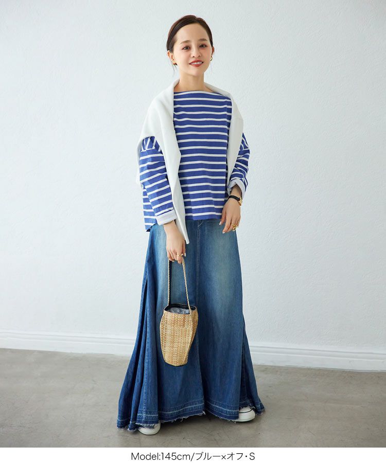 日本 Kobe Lettuce - 聯名款 船領百搭長袖上衣-條紋-白x淺灰