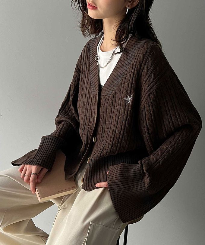 日本 Classical Elf - 顯瘦大V領麻花線條針織寬袖開襟衫-棕