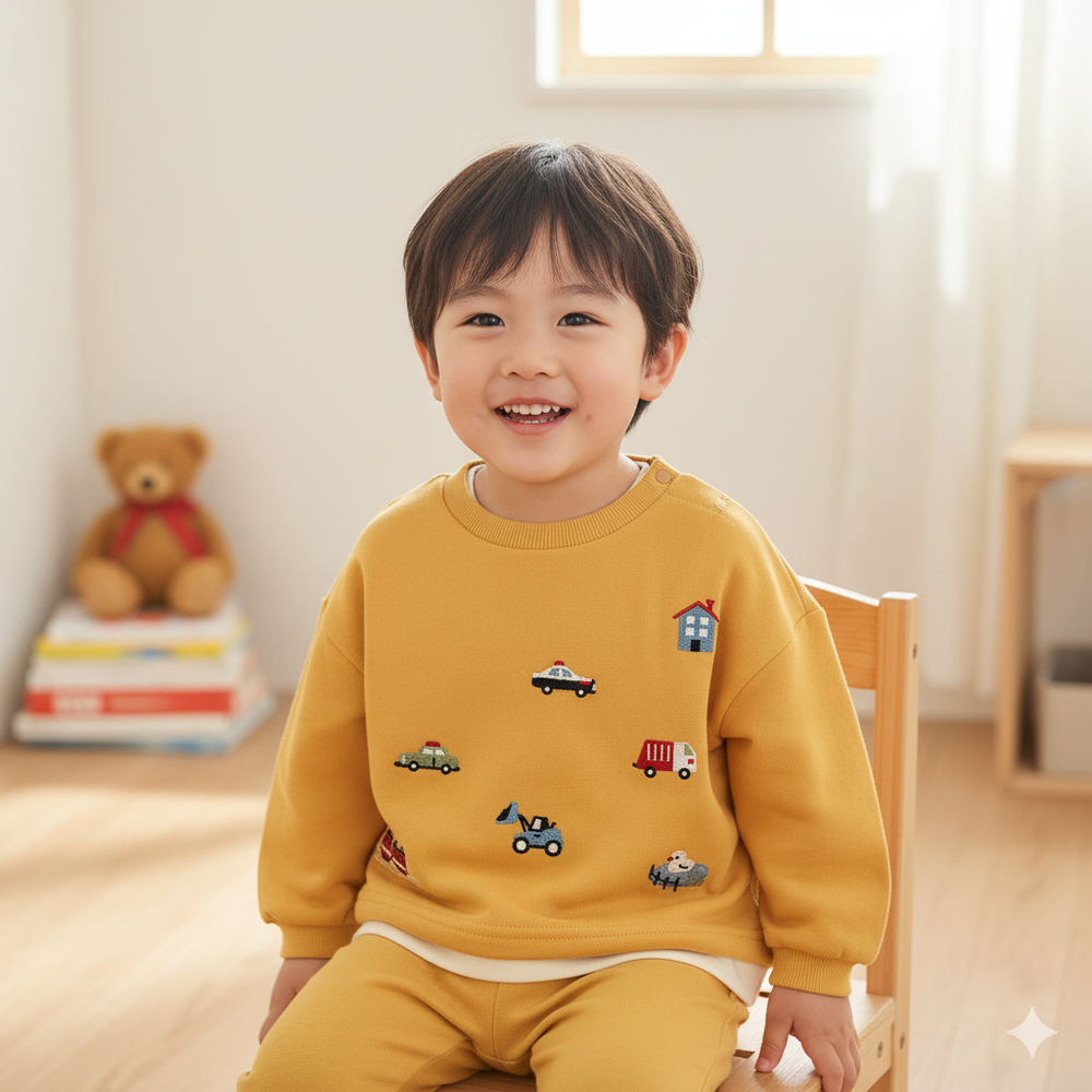 長袖假兩件休閒上衣-刺繡-黃色