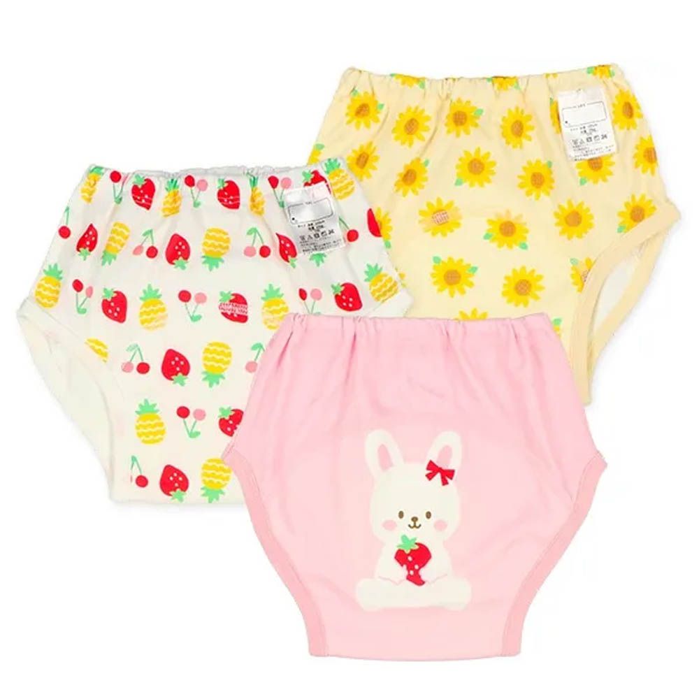 三層密縫式學習褲3件組-兔兔/向日葵/水果-粉紅&黃