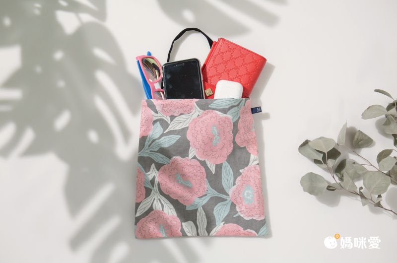 日本 Maison Blanche - 日本製 棉麻手提小包-芍藥-粉 (23x24cm)-提把黑