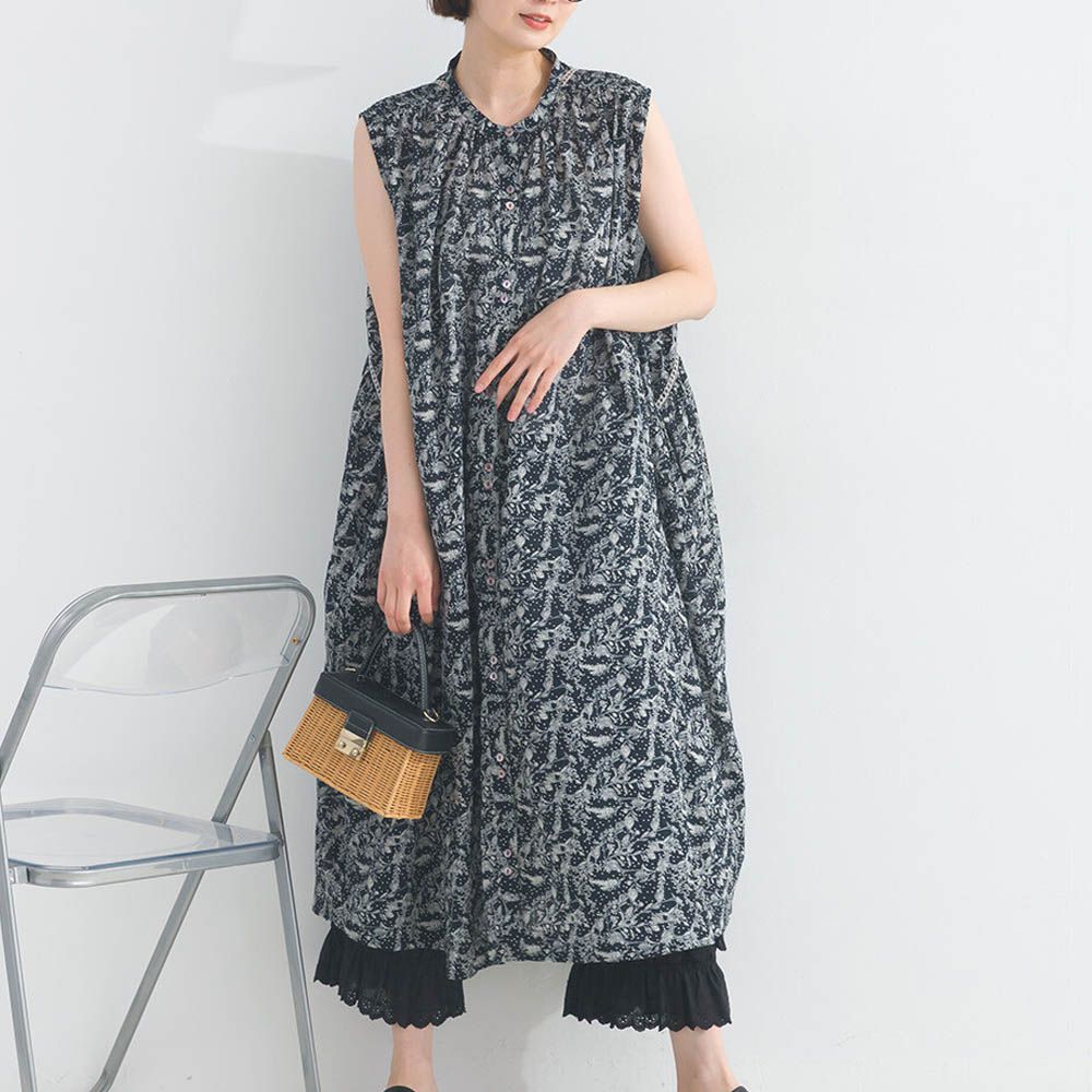 純棉清新植物印花襯衫式無袖洋裝-黑