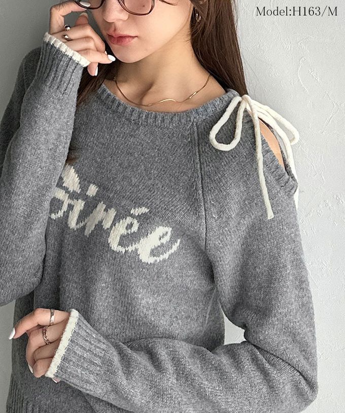 日本 Classical Elf - mily bilet 露肩綁帶唯美文字針織上衣-象牙