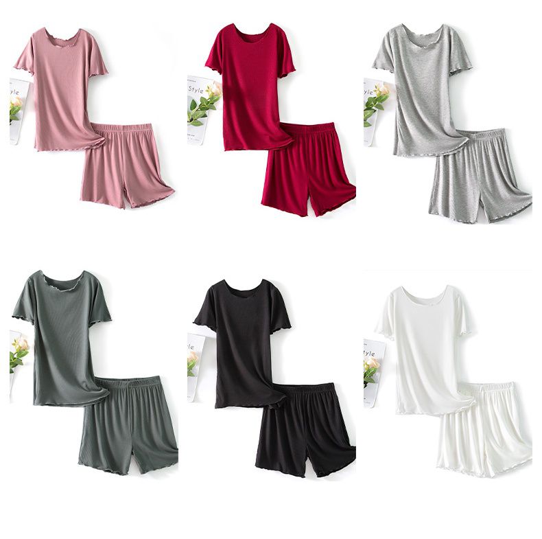 木耳邊圓領莫代爾Bra T短袖家居服套裝-粉色