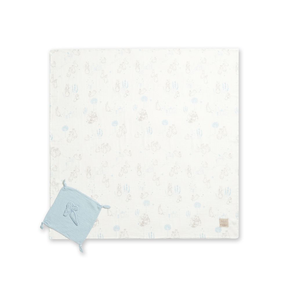 比得兔天絲泡泡紗包巾安撫禮盒 120x120cm 2色選擇(包巾+安撫巾 寶寶新生兒禮 彌月禮 嬰兒禮盒)-水綠色