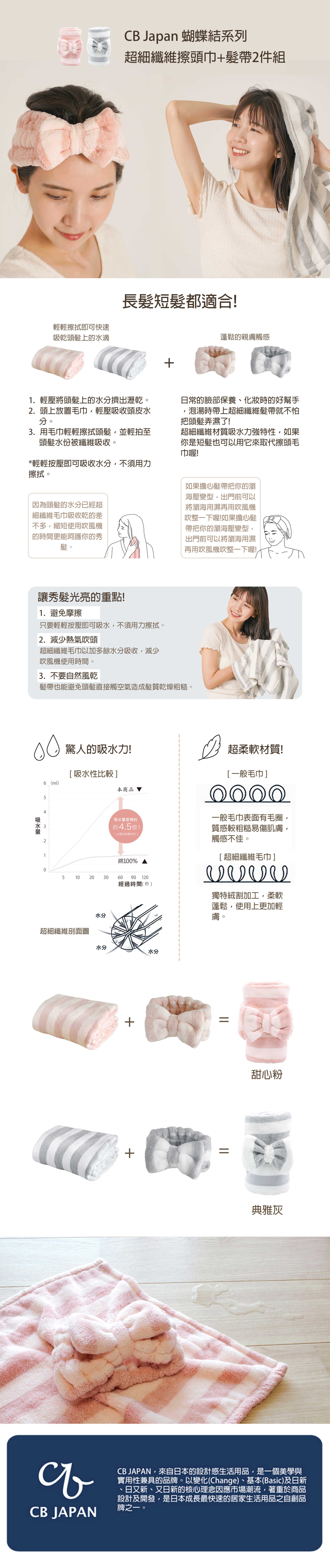 日本 CB JAPAN - 蝴蝶結系列超細纖維擦頭巾+髮帶2件組-甜心粉 (W1000 X H400mm)