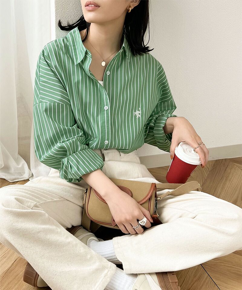 日本 Classical Elf - 胸前刺繡直條紋長袖襯衫-水藍