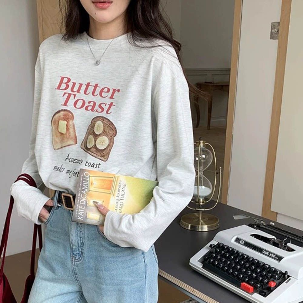 基礎百搭長袖T恤-奶油吐司-白花灰 (F)