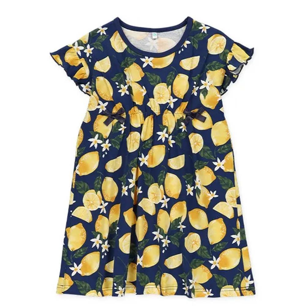 滿版印花小荷葉短袖洋裝-檸檬-深藍