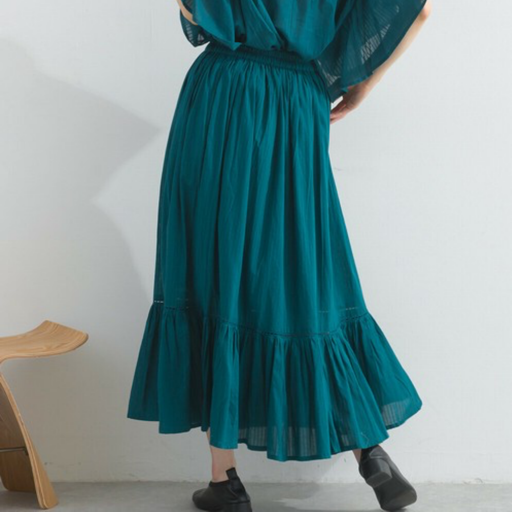 100%印度棉 飄逸緹花下擺鬆緊長裙-土耳其綠