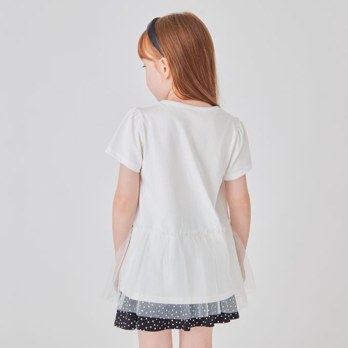 日本 evercloset - 蝴蝶結薄紗拼接短袖上衣-粉紅