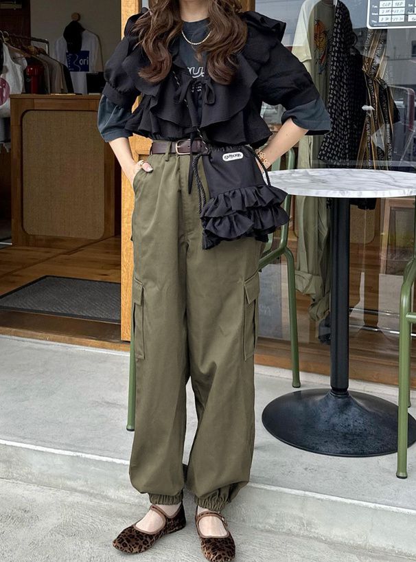 日本 GRL - 百搭顯瘦美式工裝褲-軍綠