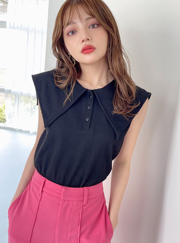 日本 GRL - 水手領羅紋針織無袖上衣-淺灰杏